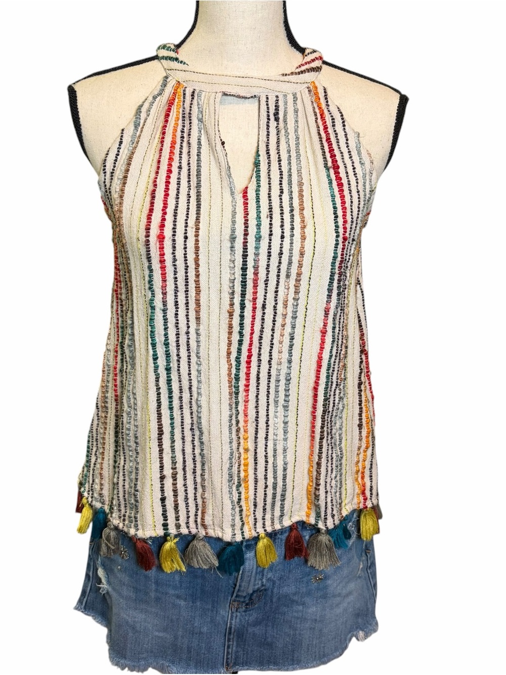 Altar'd State Cream Striped Tassel-Hem Halter Tank